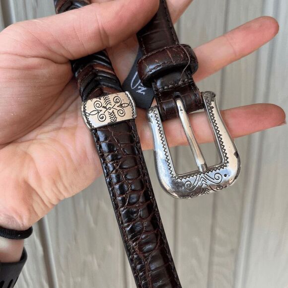 Brighton Braided Leather Belt L/34 Brown Croc Embossed w/ Silver Buckle - Picture 2 of 9